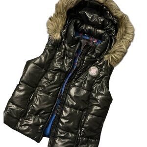 Y2K Aeropostale Black Puffer Vest with Faux Fur Hood